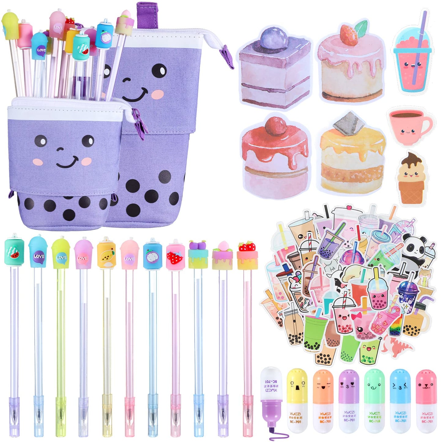 Sabary 228 Pcs Kawaii Stationary Set Include Telescopic Boba Pencil Pouch Case Bag Gel Ink Pen Sticky Note Bubble Tea Sticker Pill Highlighter Stationary Cute School Supplies for Christmas(Vivid)