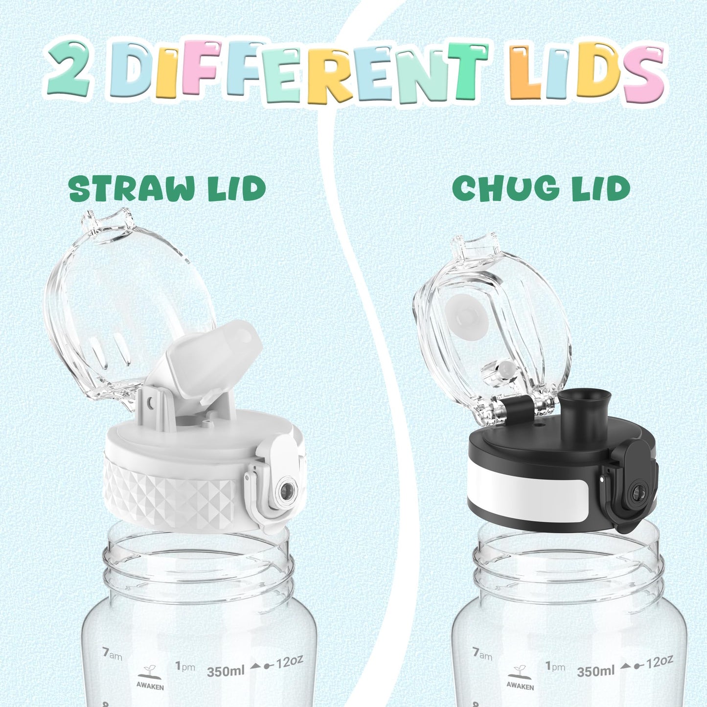 OLDLEY Kids Water Bottle for School, 12 oz (2 lids) BPA-Free Reusable Leak-proof Durable Tritan Plastic Bottles with Straw & Chug Lids, Anti-dust Spout Cover (Pink Blue)
