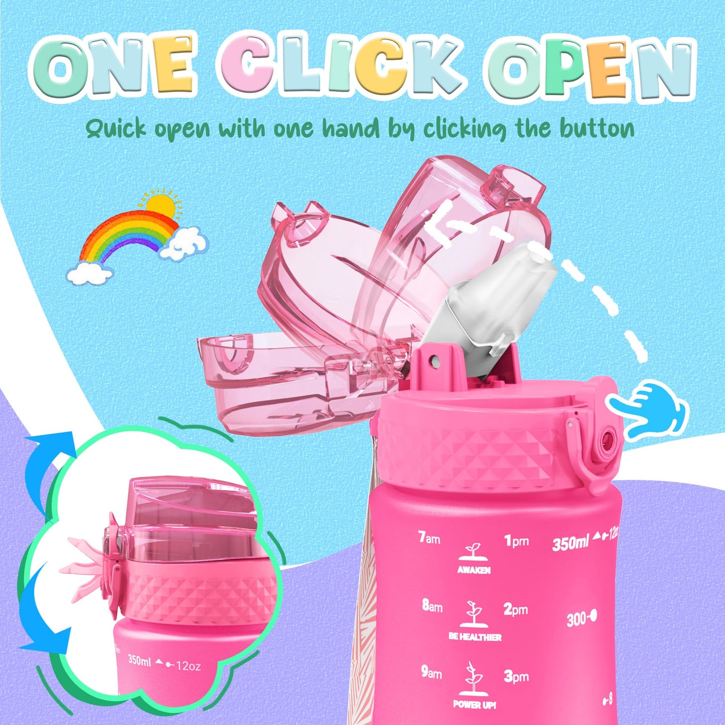 OLDLEY Kids Water Bottle for School, 12 oz (2 lids) BPA-Free Reusable Leak-proof Durable Tritan Plastic Bottles with Straw & Chug Lids, Anti-dust Spout Cover (Pink Blue)