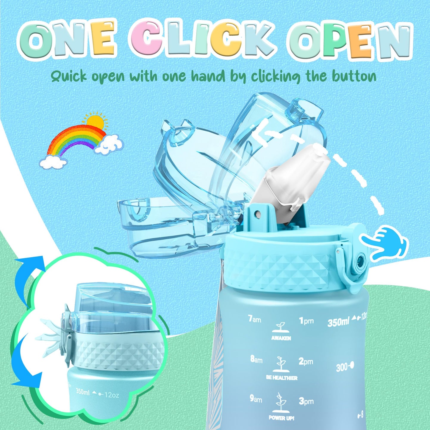 OLDLEY Kids Water Bottle for School, 12 oz (2 lids) BPA-Free Reusable Leak-proof Durable Tritan Plastic Bottles with Straw & Chug Lids, Anti-dust Spout Cover (Pink Blue)