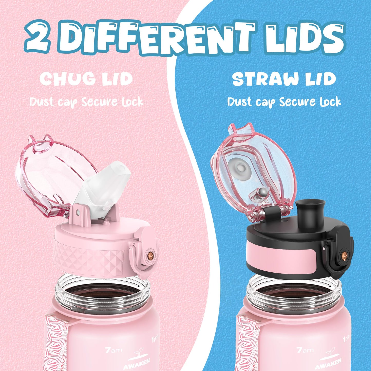 OLDLEY Kids Water Bottle for School, 12 oz (2 lids) BPA-Free Reusable Leak-proof Durable Tritan Plastic Bottles with Straw & Chug Lids, Anti-dust Spout Cover (Pink Blue)