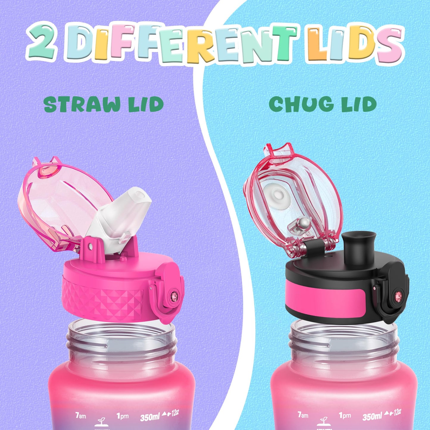 OLDLEY Kids Water Bottle for School, 12 oz (2 lids) BPA-Free Reusable Leak-proof Durable Tritan Plastic Bottles with Straw & Chug Lids, Anti-dust Spout Cover (Pink Blue)