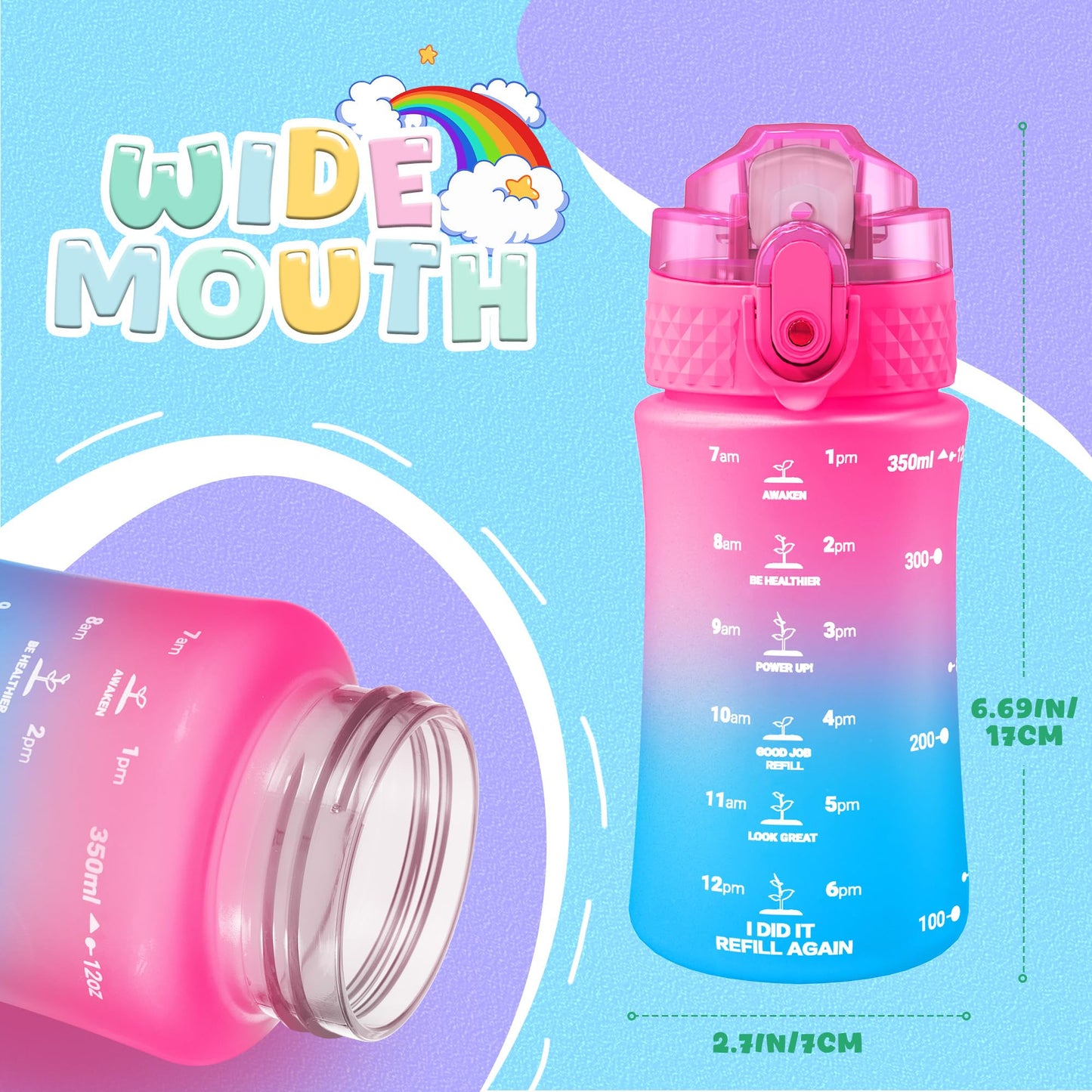 OLDLEY Kids Water Bottle for School, 12 oz (2 lids) BPA-Free Reusable Leak-proof Durable Tritan Plastic Bottles with Straw & Chug Lids, Anti-dust Spout Cover (Pink Blue)
