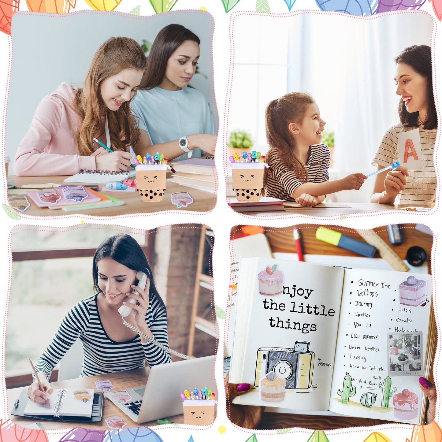 Sabary 228 Pcs Kawaii Stationary Set Include Telescopic Boba Pencil Pouch Case Bag Gel Ink Pen Sticky Note Bubble Tea Sticker Pill Highlighter Stationary Cute School Supplies for Christmas(Vivid)