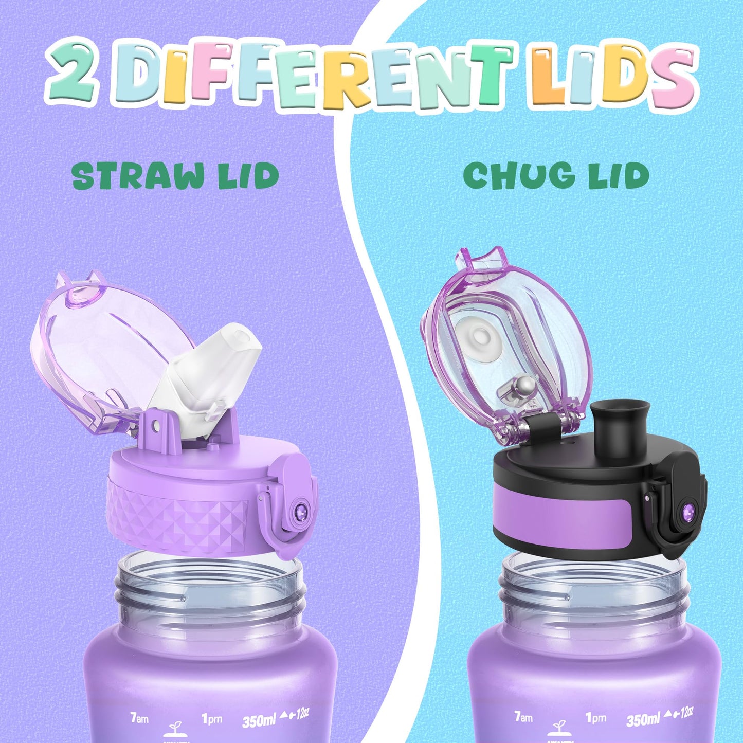 OLDLEY Kids Water Bottle for School, 12 oz (2 lids) BPA-Free Reusable Leak-proof Durable Tritan Plastic Bottles with Straw & Chug Lids, Anti-dust Spout Cover (Pink Blue)