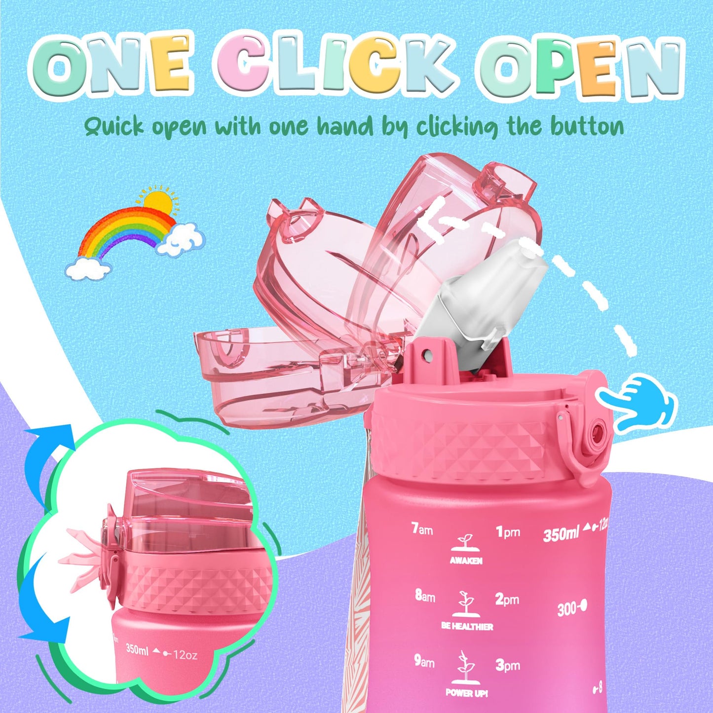 OLDLEY Kids Water Bottle for School, 12 oz (2 lids) BPA-Free Reusable Leak-proof Durable Tritan Plastic Bottles with Straw & Chug Lids, Anti-dust Spout Cover (Pink Blue)