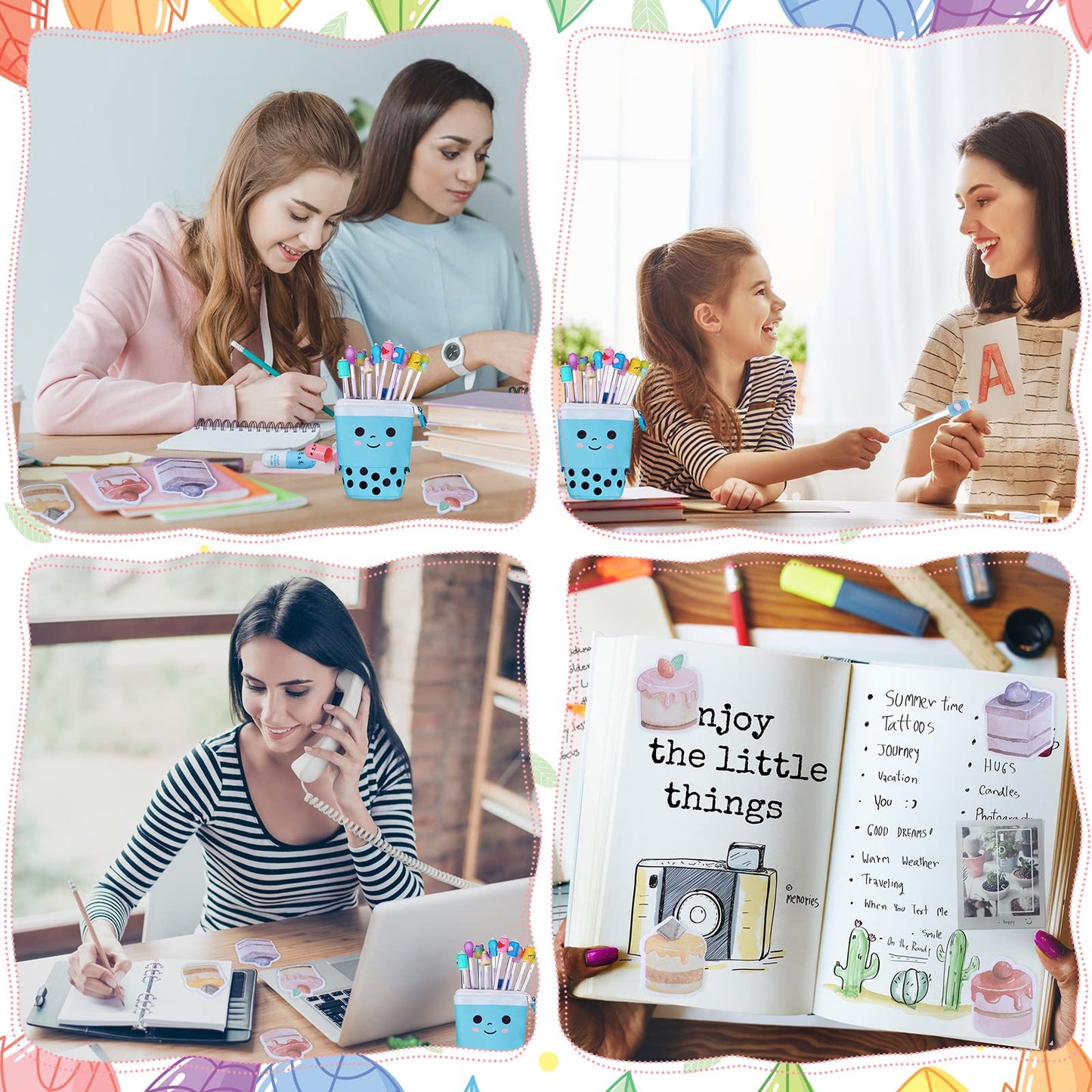 Sabary 228 Pcs Kawaii Stationary Set Include Telescopic Boba Pencil Pouch Case Bag Gel Ink Pen Sticky Note Bubble Tea Sticker Pill Highlighter Stationary Cute School Supplies for Christmas(Vivid)