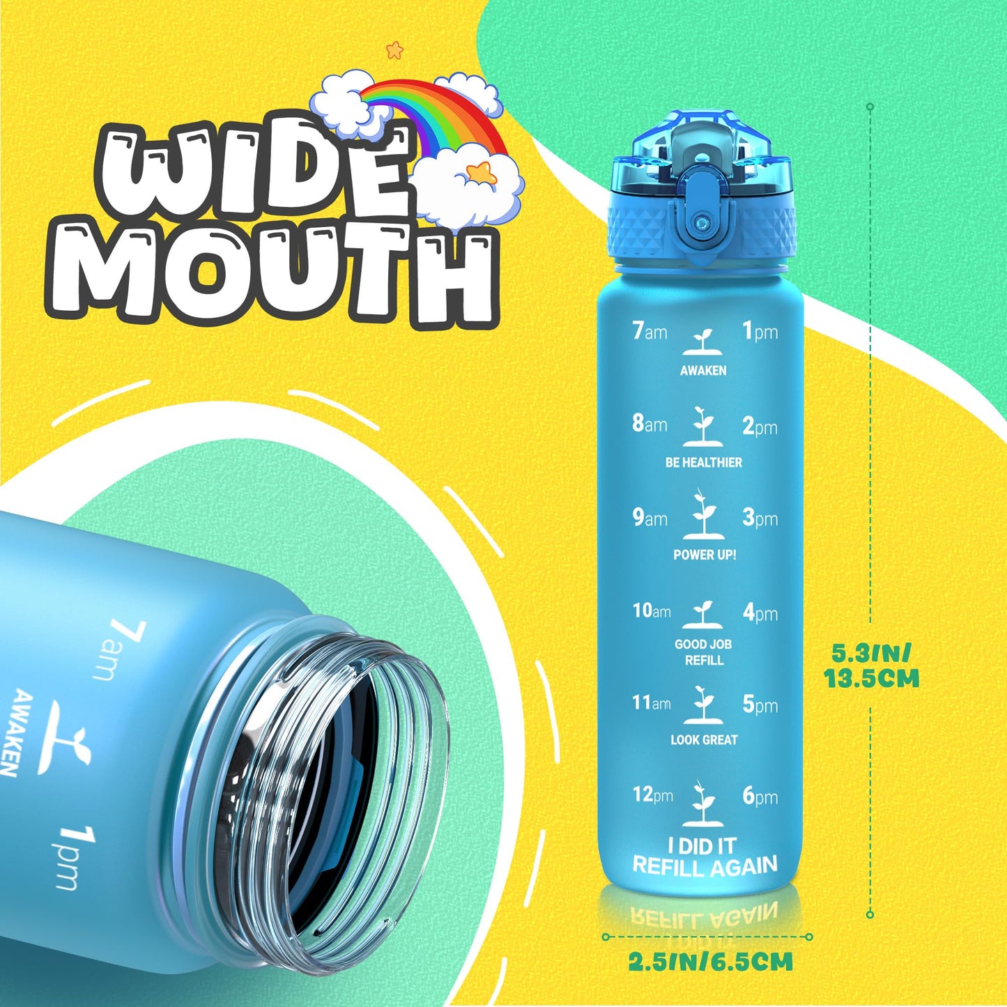 OLDLEY Kids Water Bottle for School, 12 oz (2 lids) BPA-Free Reusable Leak-proof Durable Tritan Plastic Bottles with Straw & Chug Lids, Anti-dust Spout Cover (Pink Blue)