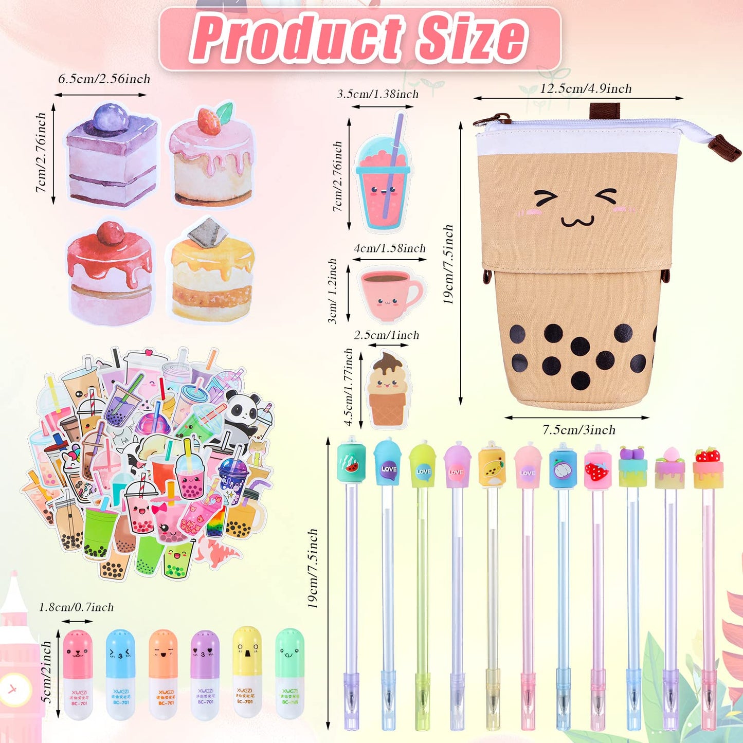 Sabary 228 Pcs Kawaii Stationary Set Include Telescopic Boba Pencil Pouch Case Bag Gel Ink Pen Sticky Note Bubble Tea Sticker Pill Highlighter Stationary Cute School Supplies for Christmas(Vivid)