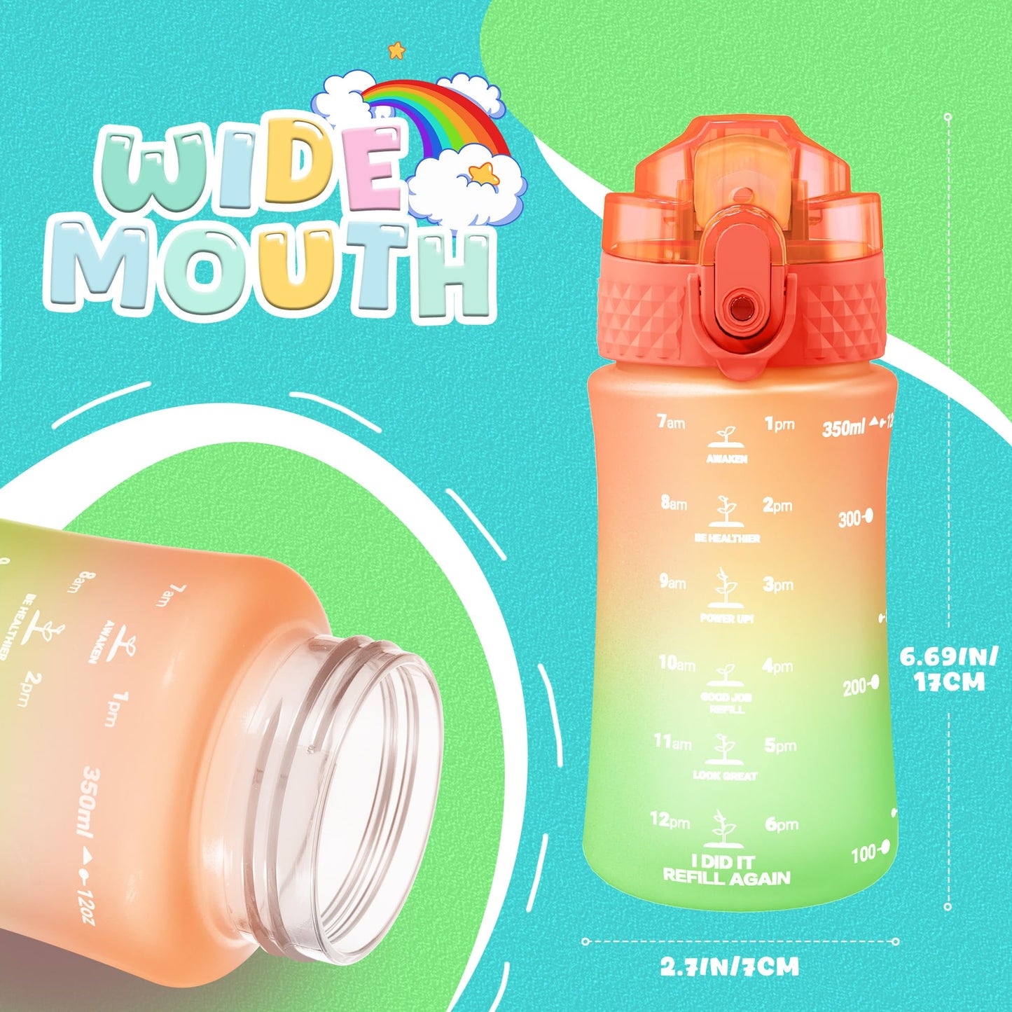 OLDLEY Kids Water Bottle for School, 12 oz (2 lids) BPA-Free Reusable Leak-proof Durable Tritan Plastic Bottles with Straw & Chug Lids, Anti-dust Spout Cover (Pink Blue)