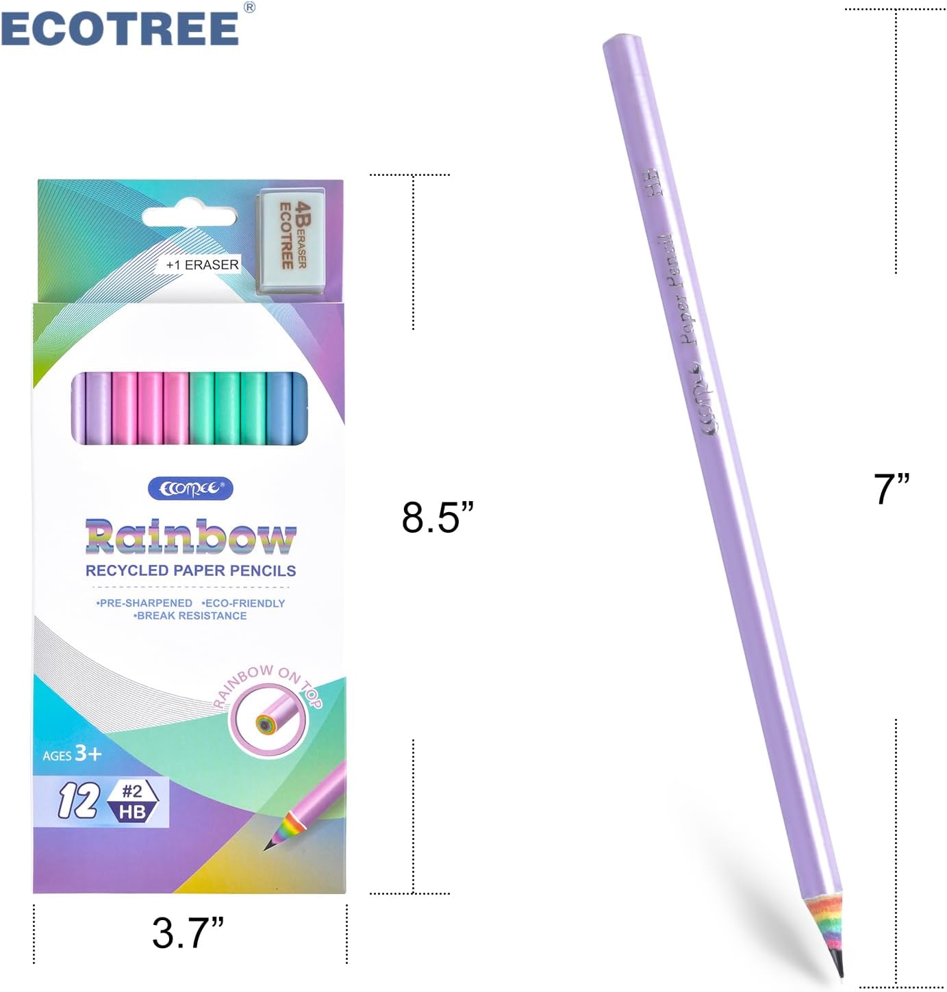 ECOTREE Eco-friendly Wood & Plastic Free Rainbow Recycled Paper #2 HB Pencils For School and Office Supplies, Pre-sharpened,12-Pack