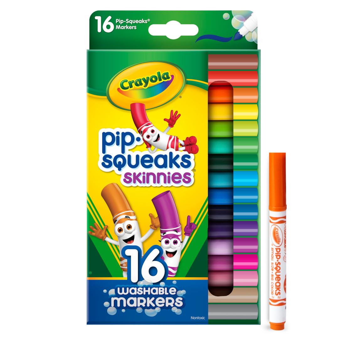 Crayola Washable Pip Squeaks Skinnies Markers (16ct), Mini Markers for Toddlers, Coloring Book Markers, Kids Stocking Stuffers & Gifts, 3+