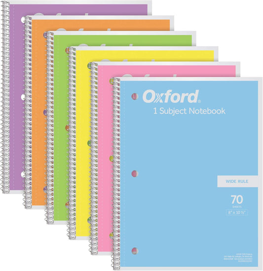 Oxford Spiral Notebook 6 Pack, 1 Subject, Wide Ruled Paper, 8 x 10-1/2 Inch, Pastel Pink, Orange, Yellow, Green, Blue and Purple, 70 Sheets (63757)