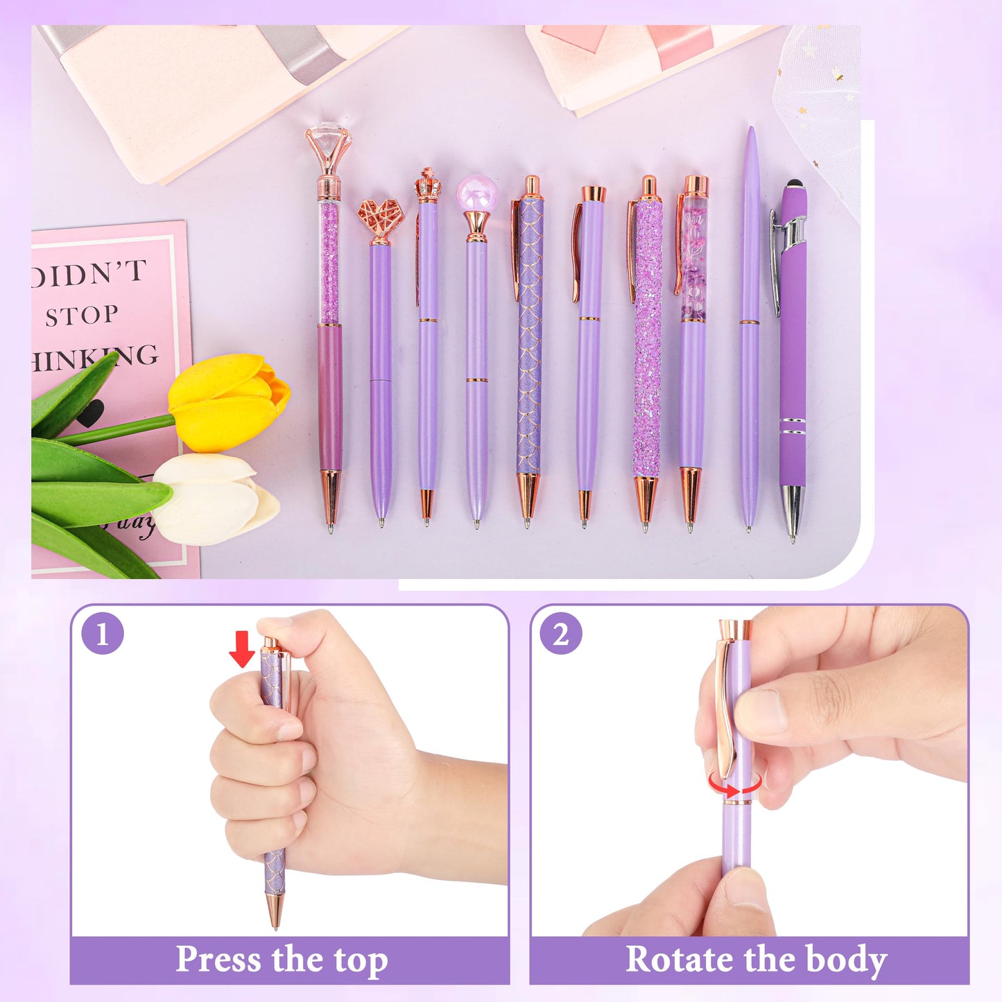 DAIKOYE 10 Pcs Ballpoint Pens Set Party Favors for Kids Purple Gifts Purple Pens for Women Girls Office Supplies School Supplies Black Ink Metal Crystal Diamond Pens