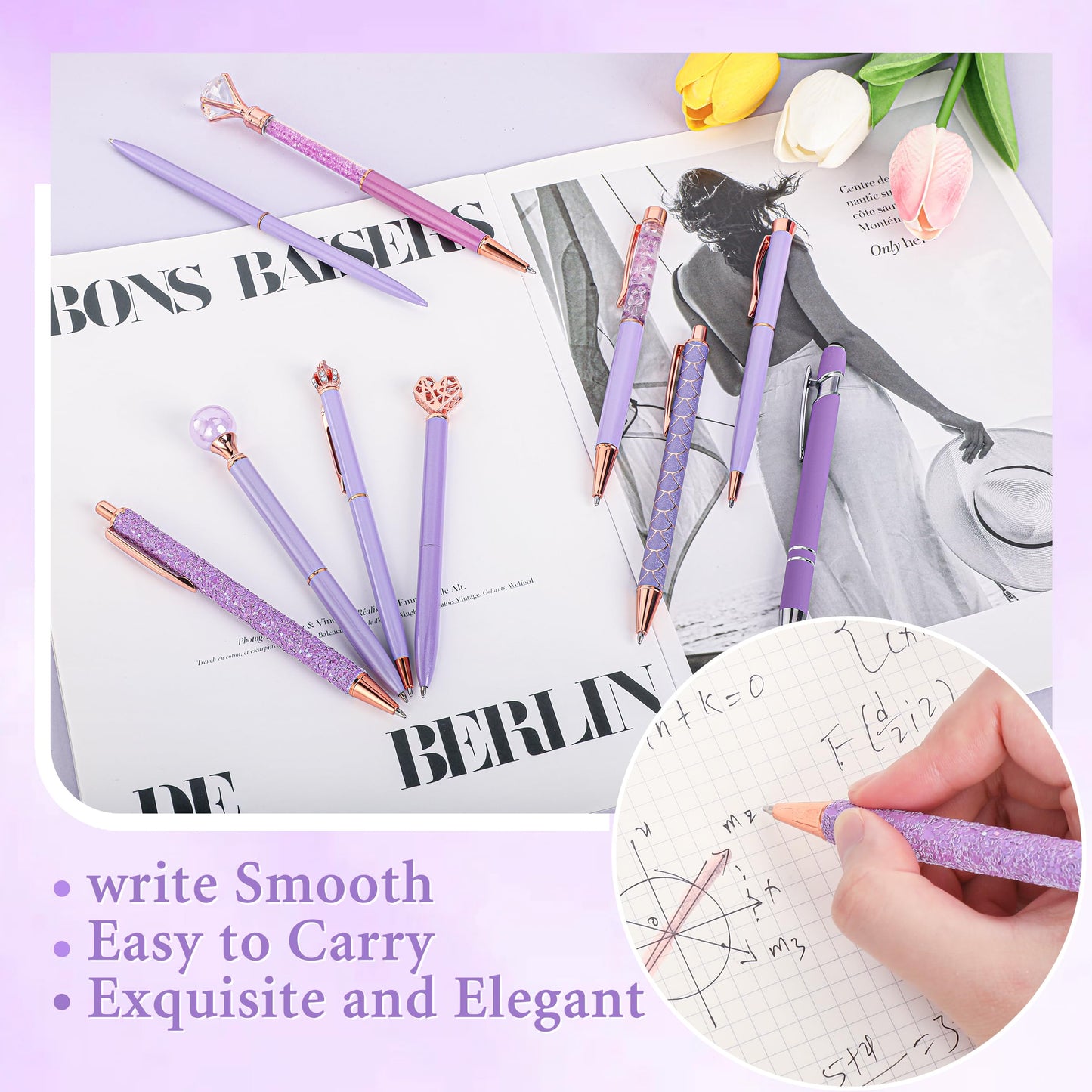 DAIKOYE 10 Pcs Ballpoint Pens Set Party Favors for Kids Purple Gifts Purple Pens for Women Girls Office Supplies School Supplies Black Ink Metal Crystal Diamond Pens