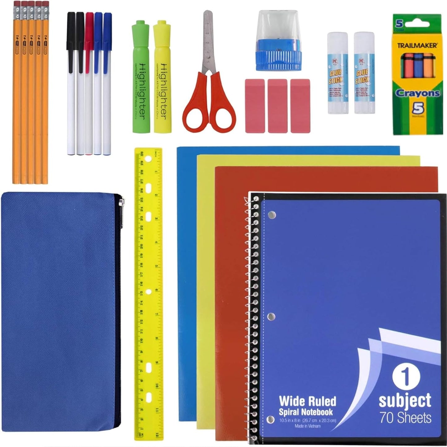 School Supplies Kit for Girls, Boys Back to School Supplies Bundle Pack 30 Piece School Supply Box Set for Kids Kindergarten, Elementary K-8 Includes Notebook, Folders, Pens, Pencils, and More