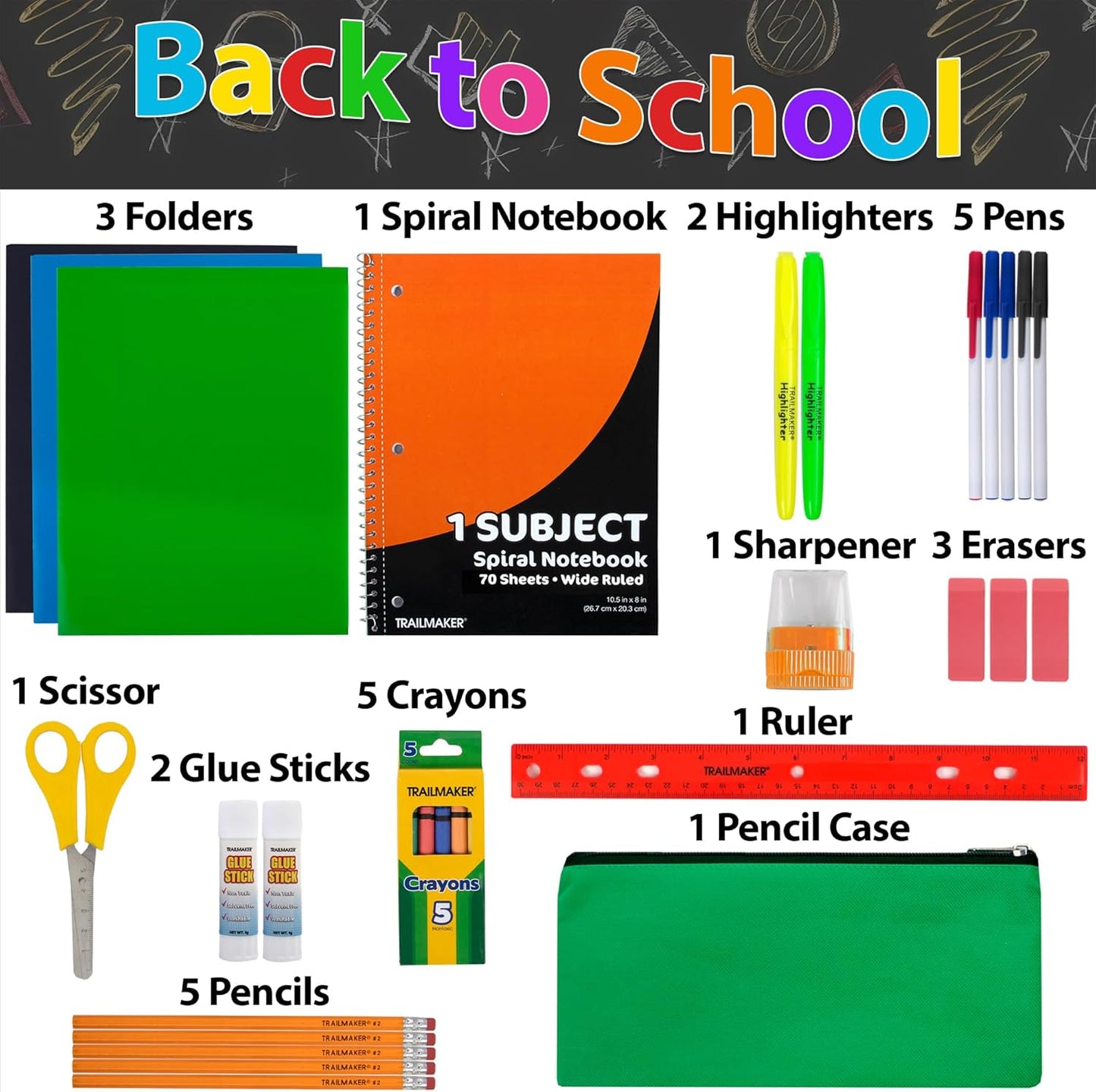 School Supplies Kit for Girls, Boys Back to School Supplies Bundle Pack 30 Piece School Supply Box Set for Kids Kindergarten, Elementary K-8 Includes Notebook, Folders, Pens, Pencils, and More
