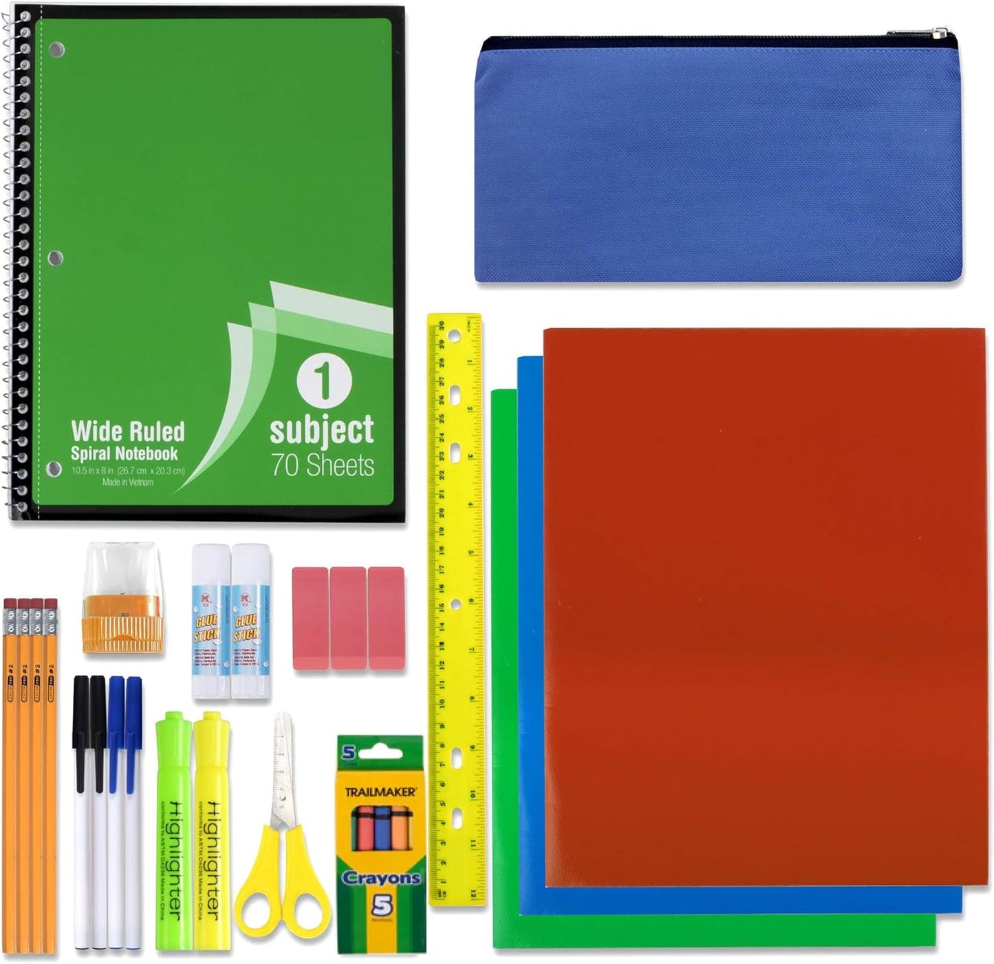 School Supplies Kit for Girls, Boys Back to School Supplies Bundle Pack 30 Piece School Supply Box Set for Kids Kindergarten, Elementary K-8 Includes Notebook, Folders, Pens, Pencils, and More