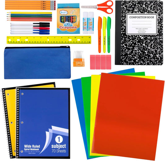45 Piece School Supply Kit Grades K-12 - School Essentials Includes Folders Notebooks Pencils Pens and Much More!