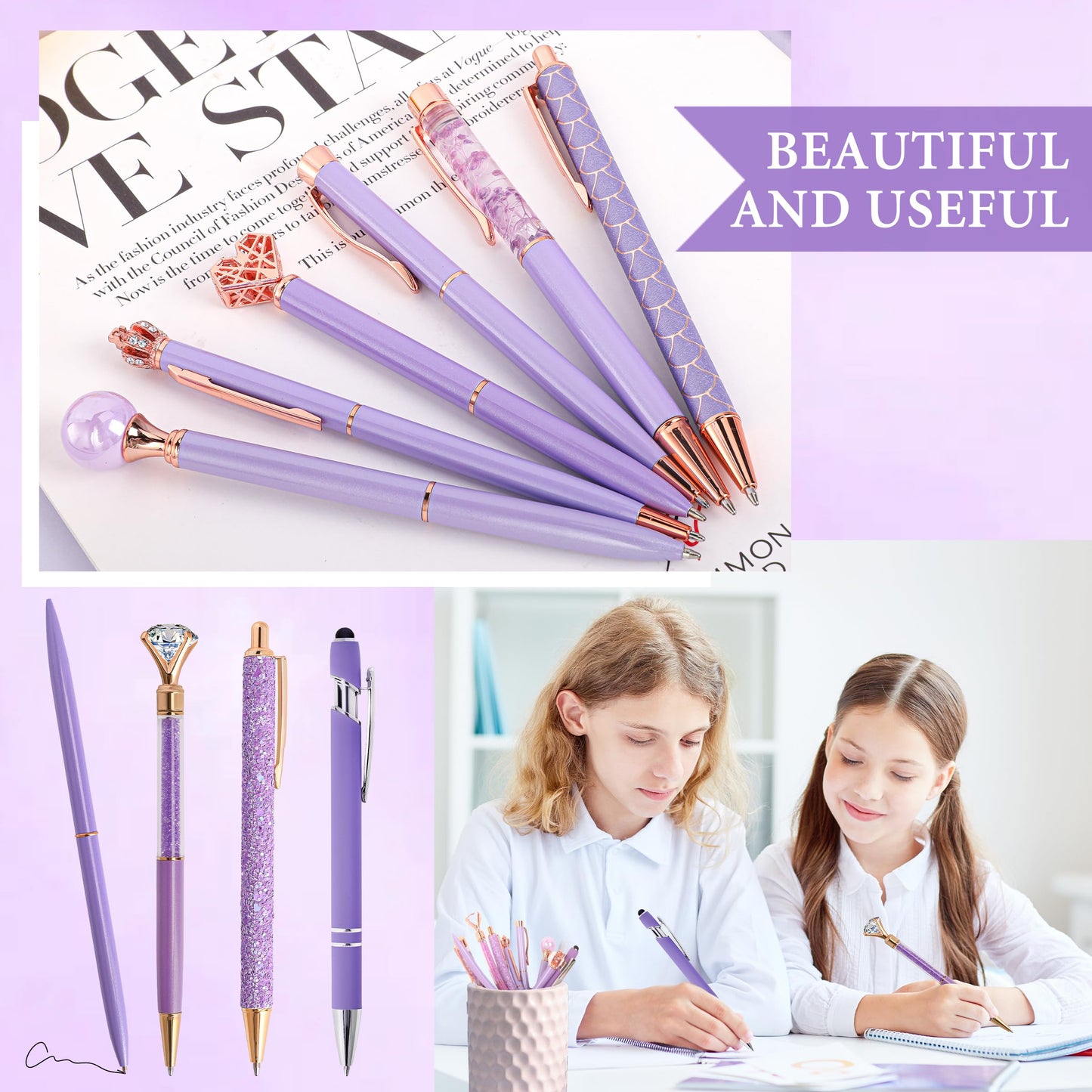 DAIKOYE 10 Pcs Ballpoint Pens Set Party Favors for Kids Purple Gifts Purple Pens for Women Girls Office Supplies School Supplies Black Ink Metal Crystal Diamond Pens