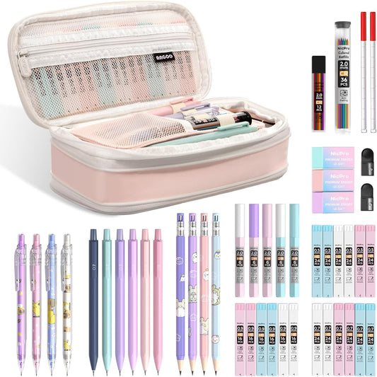 Nicpro 47PCS Aesthetic School Supplies in Big Capacity Pen Case, Cute Pastel Mechanical Pencils 0.5, 0.7, 0.9 & 2mm Lead Holder with 25 Tube Lead Refills 4B 2B HB 2H Color, Erasers for Student Writing
