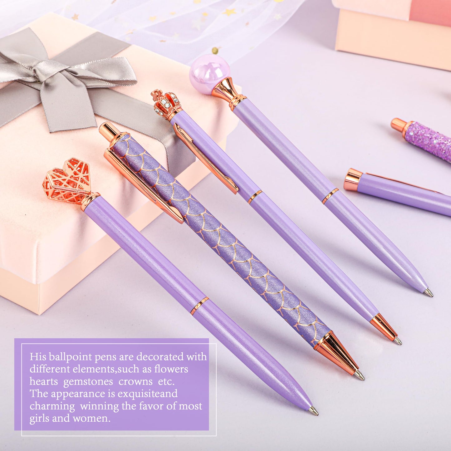 DAIKOYE 10 Pcs Ballpoint Pens Set Party Favors for Kids Purple Gifts Purple Pens for Women Girls Office Supplies School Supplies Black Ink Metal Crystal Diamond Pens