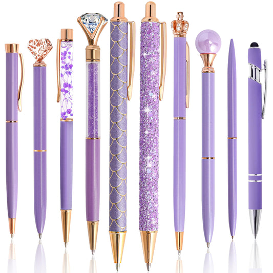 DAIKOYE 10 Pcs Ballpoint Pens Set Party Favors for Kids Purple Gifts Purple Pens for Women Girls Office Supplies School Supplies Black Ink Metal Crystal Diamond Pens